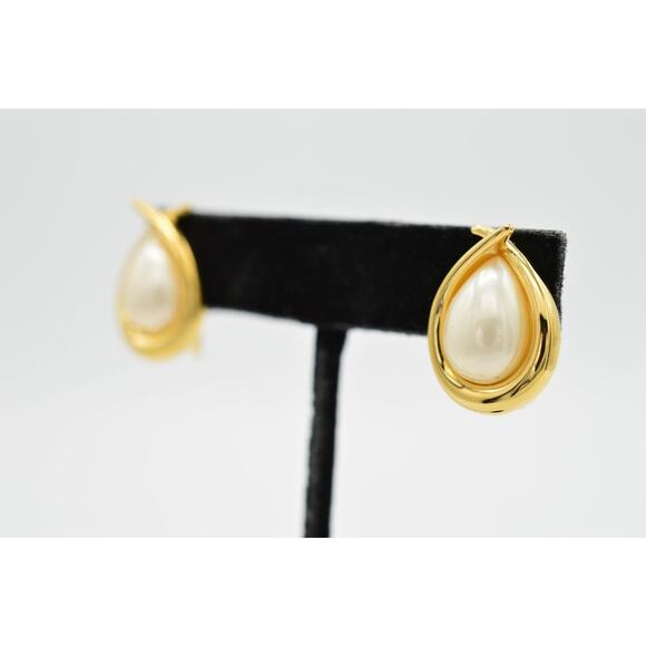 FO Vintage Earrings Clip Pearl Teardrop Gold Fernando Original Signed NOS 80s 9L - Picture 2 of 8
